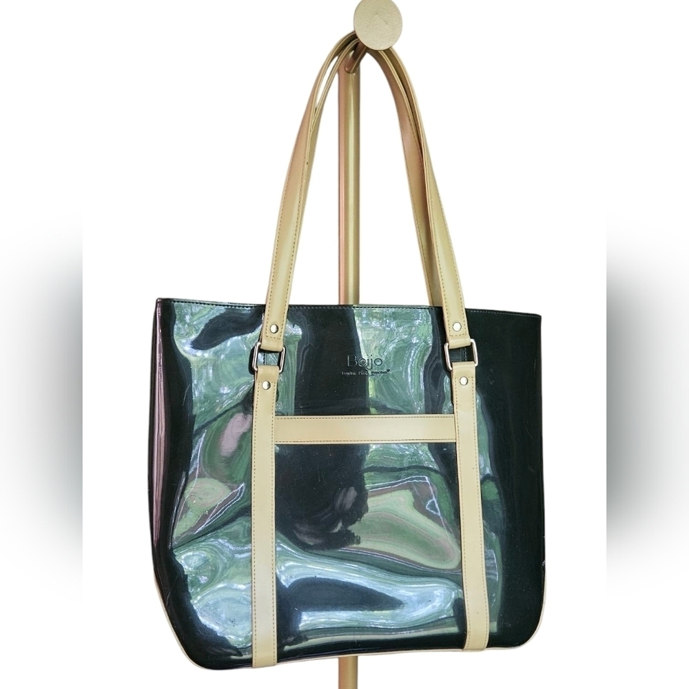 BEIJO Black And Tan Patent Leather Polyvinyl Tote Bag. Silver Hardware